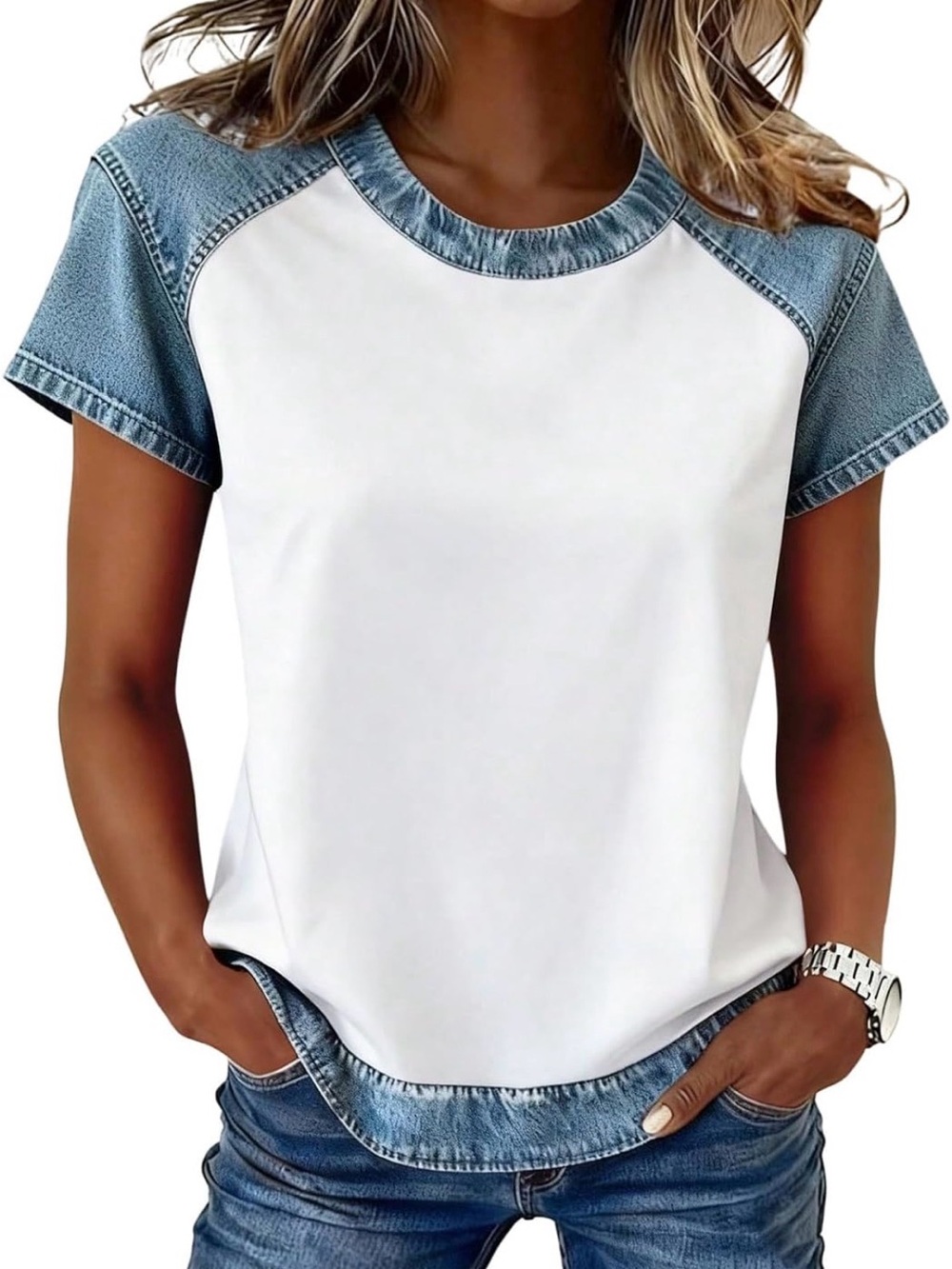 Women’s White Tee with Denim Trim